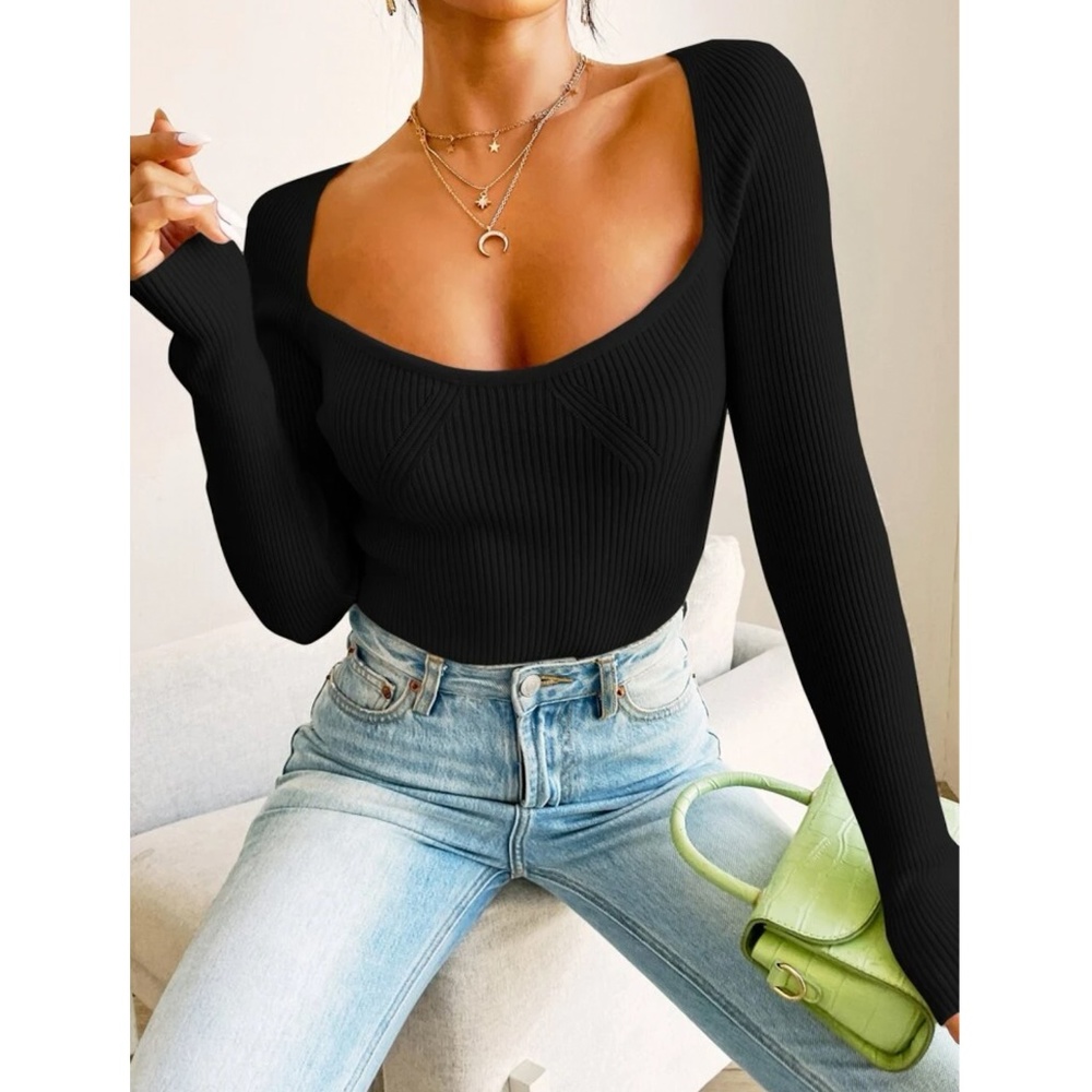 Black Rib Knit Long Sleeve Top - Picture 4 of 10